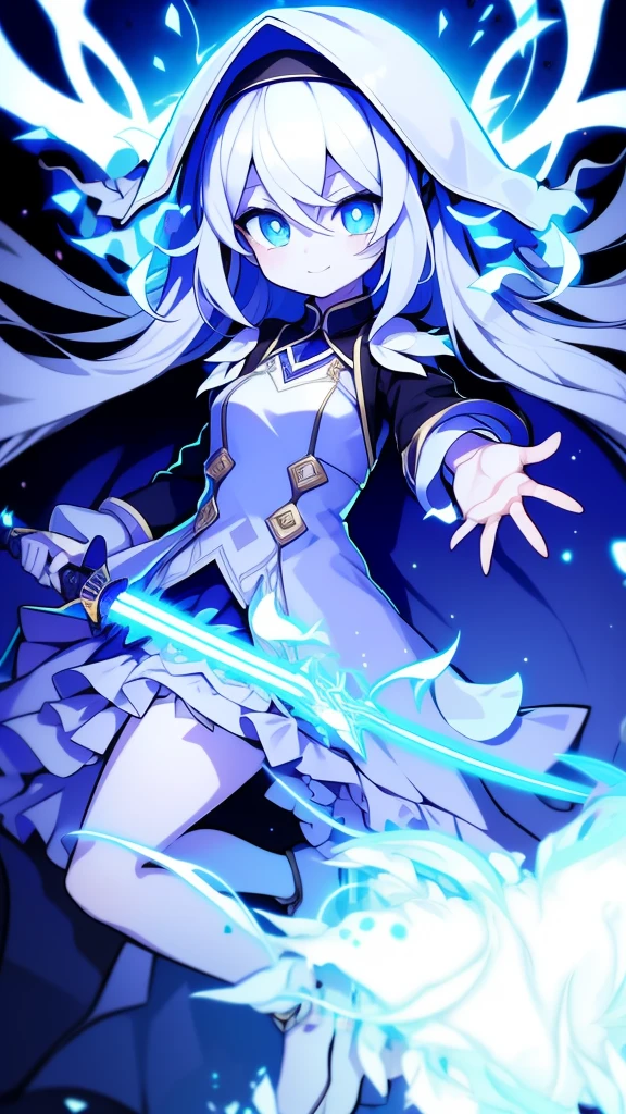  girl，k hd，4K，face expressionless，style of anime，sideface，blue color eyes，white color hair,((full body)),Confused eyes,(default character)SD character, masterpiece,best quality,ultra detailed,4K,super fine illustration,highly detailed beautiful face and eyes,cyan color scheme, lighting,fantasy,extremely solemn atmosphere,long hair,floating hair,smirk,fighting stance,dynamic pose,(holding glowing sword:1.3),particle light,luminescence,plasma,electric current,blue flame,sense of depth,dynamic angle,