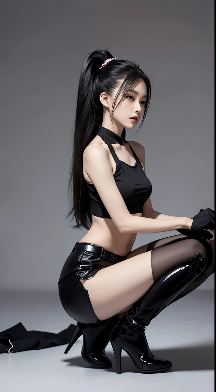 Chinese-Japanese mixed-race high heels jazz dance model,Black clothes,Black shorts,Black extra-high heels,Black long high heel boots,Super beautiful,fit,Slim abs,long hair,Small waist,beautiful,full-body shot,Clothes are slim-fitting,Smooth lines,The curve is obvious,Long legs,Slender legs,beautiful侧面曲线。Wearing a high ponytail,Weaving,Do a squat motion。Jazz dance moves,Hip Hop Decoration