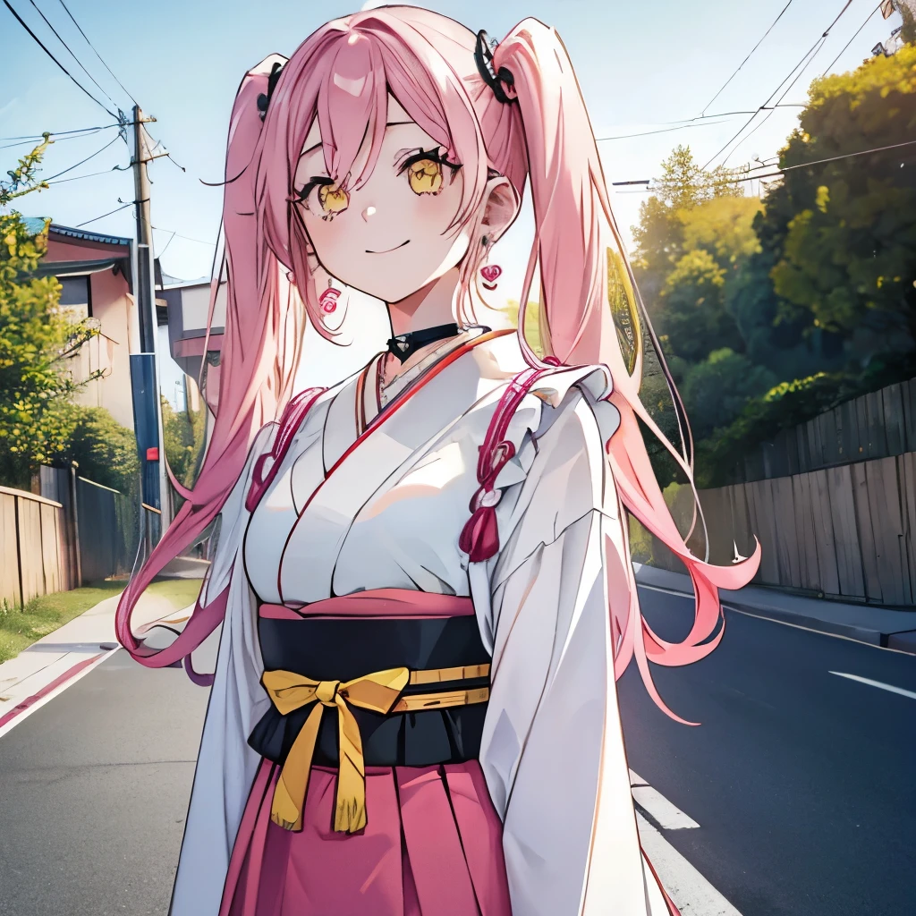 1 girl twintails hair, long hair, pink hair, yellow eyes anime, medium breasts, medium ass, Hairpins, Choker, big smile, happy face, Standin, Japanese , looking at the scenery, a hand on the forehead watching the scenery, wind, mouth open surprised and happy, long heart-shaped earrings, ultra detailed, 8K wallpaper, Houses and road in the background 