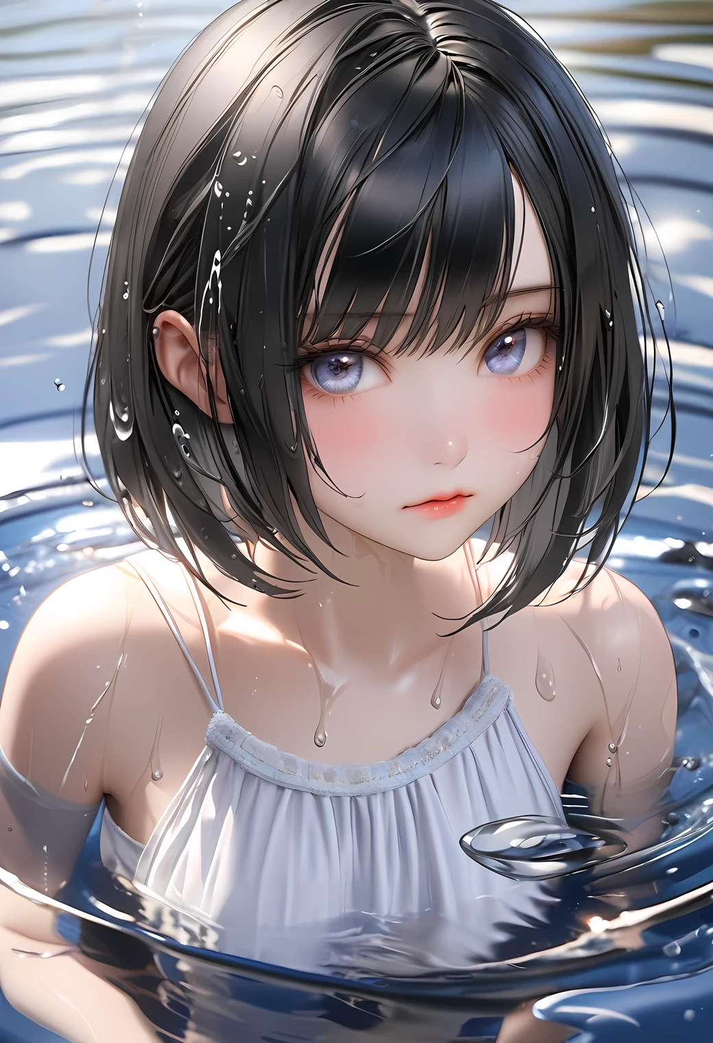 raw photo:1.2, masterpiece, highest quality, 16k, unbelievably absurd, very detailed, perfect beauty, beautiful cute girl, jet black bob cut, closeup eyes, look down, wet hair, splash water, sundress, ultra-realistic:1.8