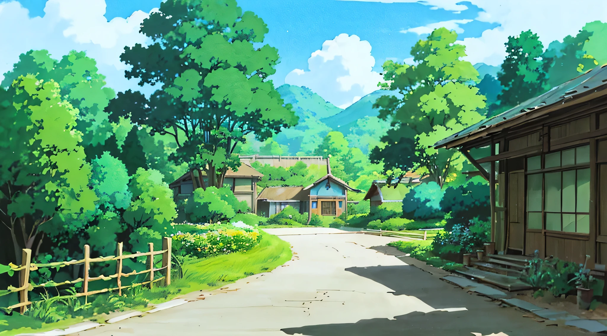 (((best quality))))、Residential Roads、anime country、Anime Background Art、Anime Landscape、ソフトStudio Ghibli concept art、Beautiful Anime Landscapes、Concept art for the animation set、Studio Ghibli concept art、Studio Ghibli Environment、Anime Landscape、Beautiful anime scene、Gribley Shinkai Studio、View of Ghibli Studio、Cottage Core!!