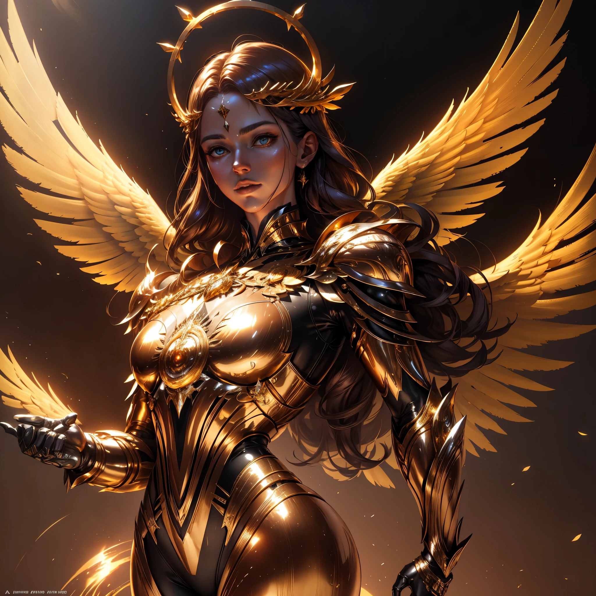 Anjo blindado dourado, Asas feitas de energia, metallic halo, sem rosto, encapuzado, ouro, fantasia, arte conceitual, ultra realistic, Arte dos personagens por Greg Rutkowski