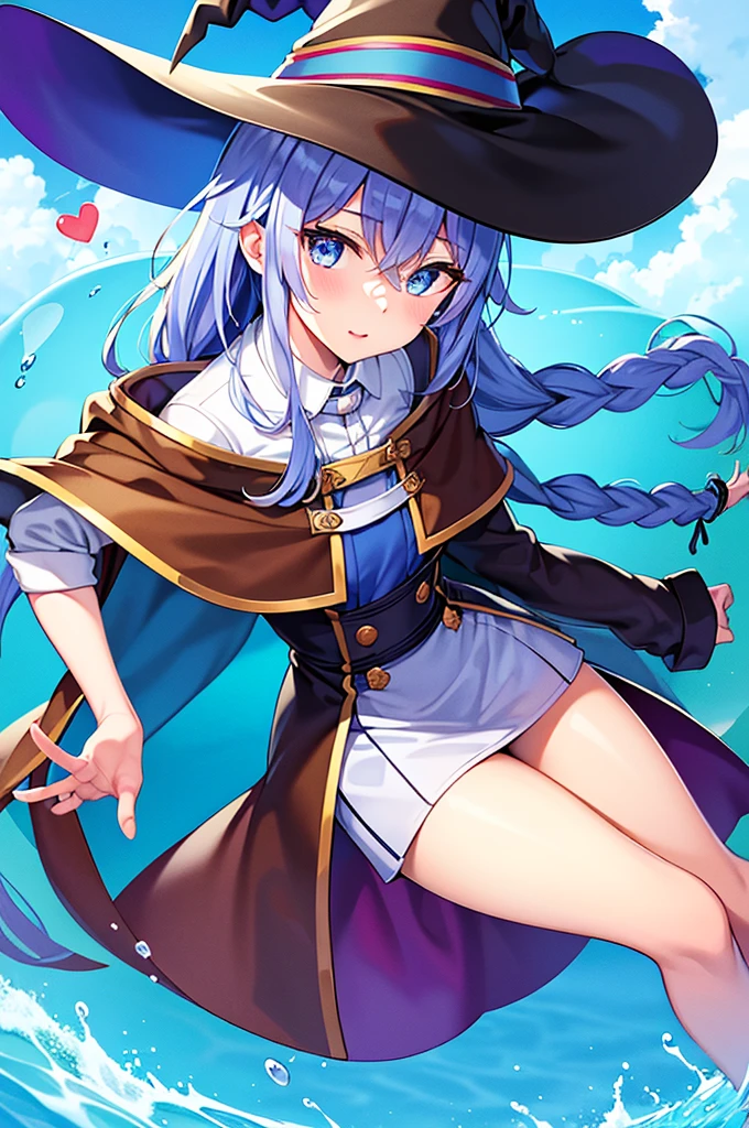 (best quality), (masterpiece), ((beautiful:0.75) cute girl:0.75), [clear and clean] pixiv (illustration), (roxy migurdia:1.25), blue eyes, blue hair, bangs, brown cape, witch hat, braid,  