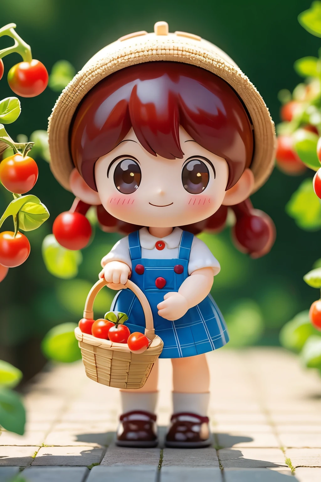 Photorealistic、Blind Box、Chibi Girl(Harvesting cherry tomatoes、A lot of cherry tomatoes in a basket、smile)