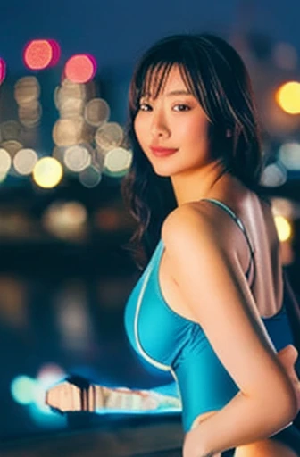 Asian Woman, Voluptuous Body, Wearing a swimsuit, Photographed from the waist up、 (highest quality, High definition, ), dreamy night background, Background blur,