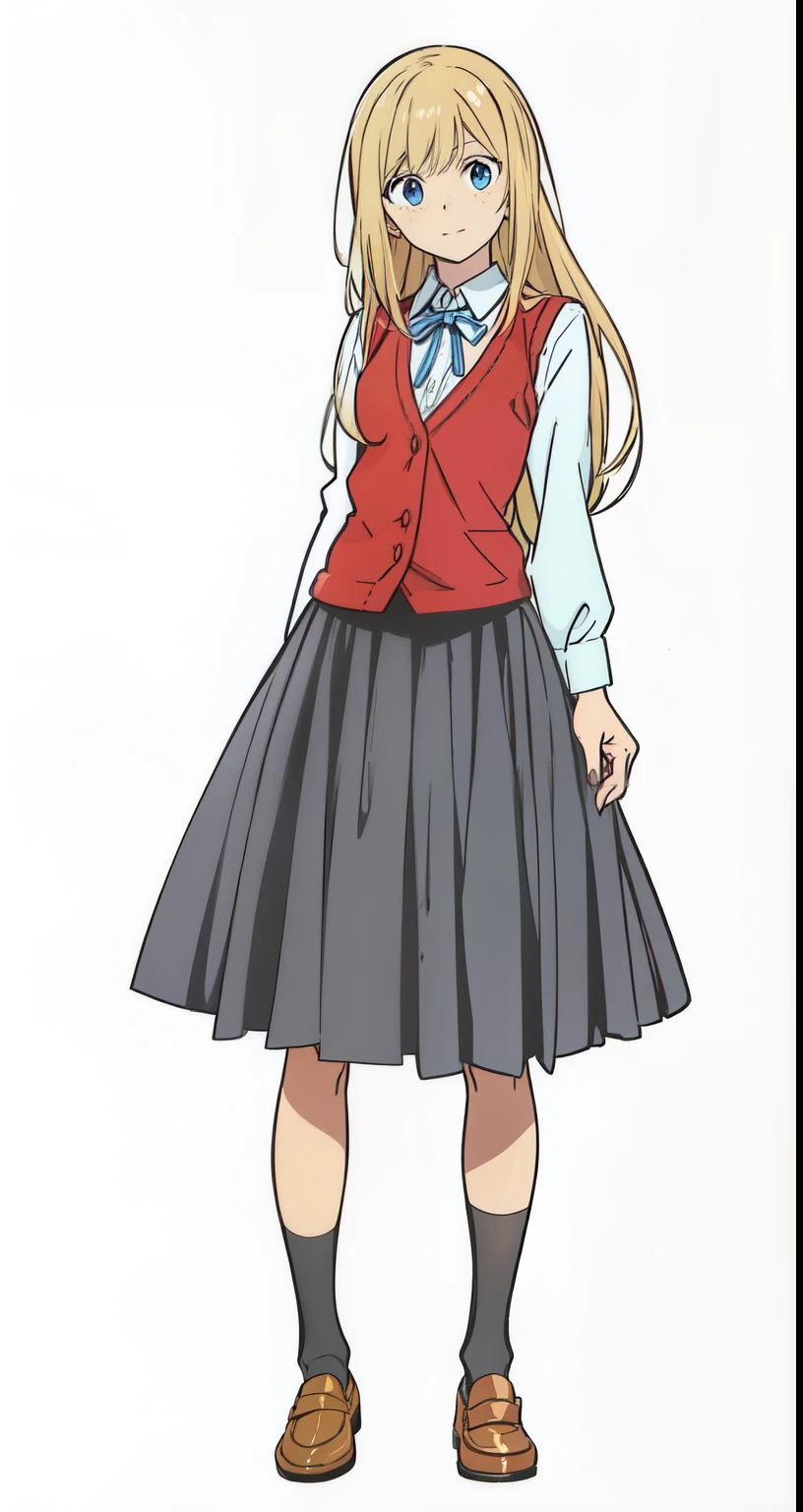 (best quality:1.0), (masterpiece:1.0), (super fine illustration:1.0), (beautiful artwork:1.0), (anime screencap:1.0), (official art:1.0), (european:1.0), (cheerful:1.0), (white background:1.0), (best quality:1.0), (masterpiece:1.0), (super fine illustration:1.0), (beautiful artwork:1.0), (anime screencap:1.0), (official art:1.0), (solo:1.0), (european:1.0), (a 18yo cute girl:1.0), (long skirt:1.0), (black skirt:1.0), (pleated skirt:1.0), (red knit vest:1.0), (white long sleeve collared shirt:1.0), (blue neck ribbon:1.0), (loafers:1.0), (black socks:1.0), (ideal ratio body proportions:1.0), (lanky:1.0), (tall:1.0), (slender:1.0), (small breasts:1.0), (smaller face:1.0), (tareme:1.0), (freckles:1.0), (detailed beautiful eyes:1.0), (detailed beautiful face:1.0), (glowing blue eyes:1.0), (long hair:1.0), (swept bangs:1.0), (blonde hair:1.0), (standing:1.0), (looking at viewer:1.0)