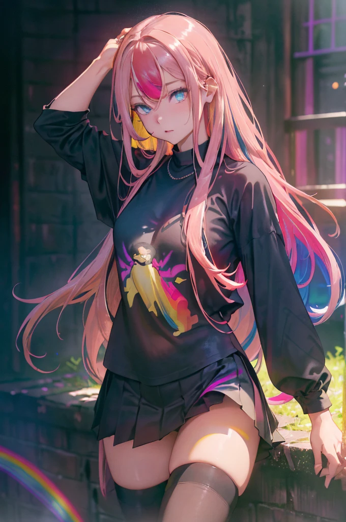 Park,Dressed, cleavage,flirting with camera,(photographrealistic:1.4), (Hyper realistic:1.4), (Realistic:1.3),(Smoother lighting:1.05), (increase cinematic lighting quality:0.9), 1girl in, a 18 year old girl, (Long pink hair, (Multicolored) Blue, Red, Yellow, Rainbow Hair:1.6),Realistic lighting, Backlighting, Light on Face, sun shining, Shiny skin, solar flare,(Blue eyes:1.4),(Brightening light:1.2), (Increase quality:1.4),(Top quality real texture skins:1.4), finely detailed eyes, finerly detailed face,(tired and sleepy and joy), close up of face, tshirts,(Increase body line mood:1.2), (Increase the beauty of skin texture:1.2),<Quality Improvement Prompts>
<Character appearance、Background and other prompts>
(black theme:1.4), ((hip-hop style, Jirai-kei):1.4), (loose and sloppy black Wear:1.3), (tucked out oversized black T-shirt with an extended hem:1.5), (exposed T-shit hem:1.4), ((long sleeves, baggy sleeves):1.2), (black and white tartan-check pleated skirt:1.1), (black and pink striped pattern thighhighs:1.3), (necklace:1.2), (pink text on black T-shirt:1.2), (platform HIGH boots:1.1), (cross-shaped accessories:1.2),
<expressioness、illuminating、Other Prompts>
