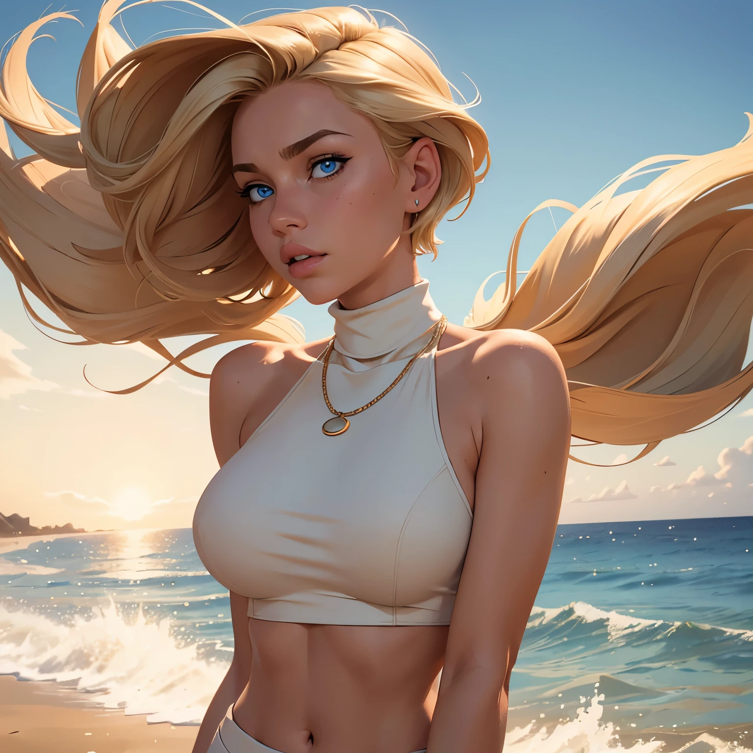 (8K、masterpiece, highest quality, High resolution,super resolution,Super detailed). (Beach sand). 1 blond girl. Huge breasts
cinematic style. (Short hair blowing in the wind). Blue eyes, necklaces,. Turtleneck crop top