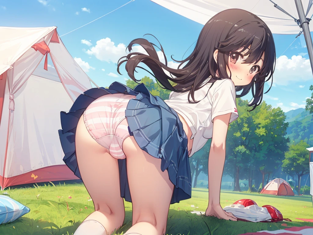 ichijou hotaru, ((li)), ((camp tent)), solo, long hair, black hair, ((blush:1.3)), happy smile, blue sky, windy:1.2, medium breasts, ((white frilled striped panties)), closed mouth, ((from below)), ((leaning forward)), ((from behind)), ((looking back:1.5)), ((hand on own ass:1.5)), ((all fours:1.5)), ((t-shirt)), ((skirt))