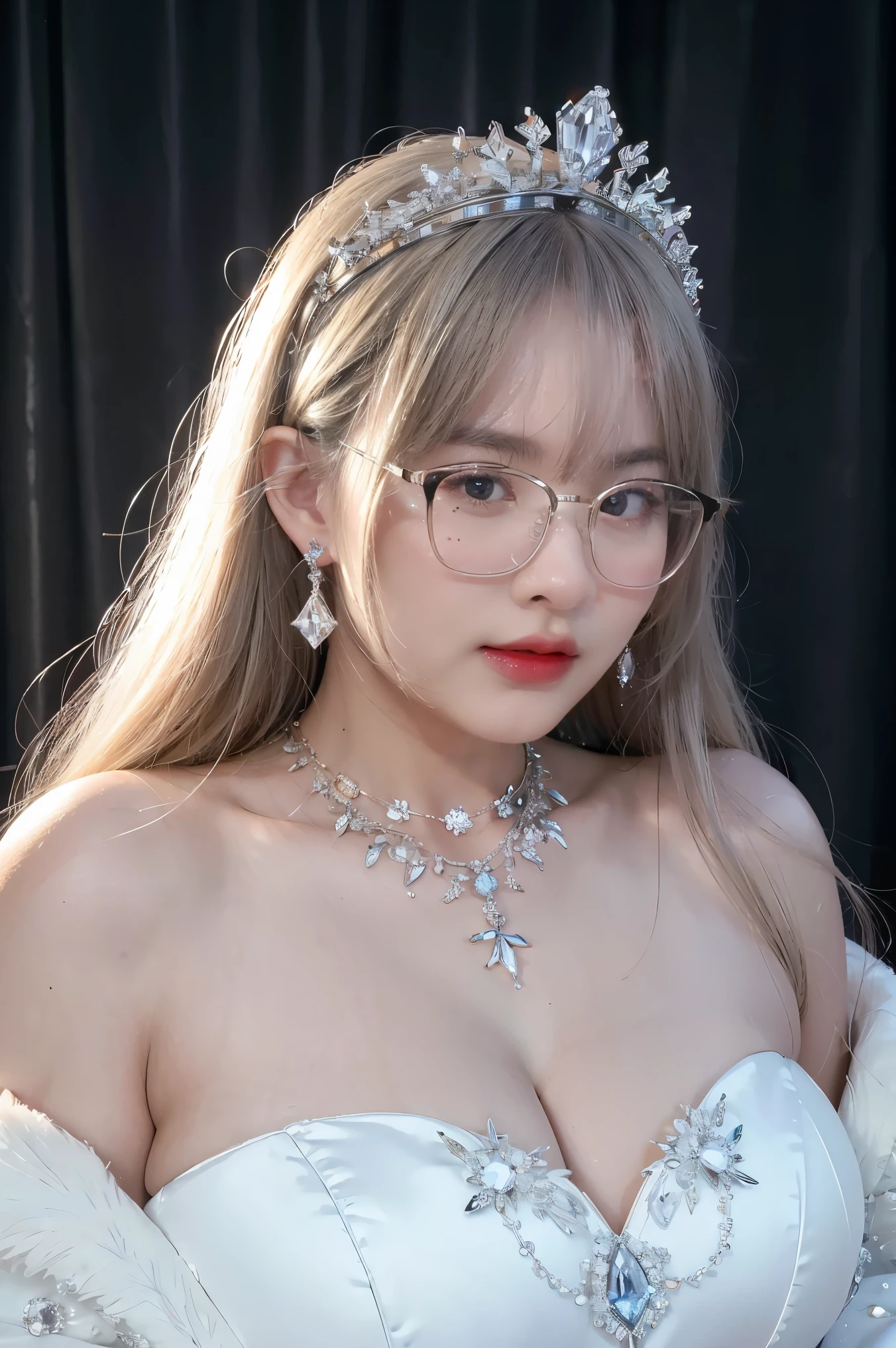 (Masterpiece, best quality: 1.4), Detailed background, White Crystal, crystal cluster,long hair,decorations, earring, necklace, crown, bride, white hair, radius,1 woman, Quite fat., glasses,