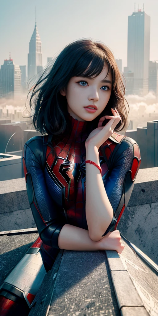 (1girl:1.3), Solo, (((Very detailed face)))), ((Very detailed eyes and face)))), Beautiful detail eyes, Body parts__, Official art, Unified 8k wallpaper, Super detailed, beautiful and beautiful, beautiful, masterpiece, best quality, original, masterpiece, super fine photo, best quality, super high resolution, realistic realism, sunlight, full body portrait, amazing beauty, dynamic pose, delicate face, vibrant eyes, (from the front), She wears Spider-Man suit, red and black color scheme, spider, very detailed city roof background, rooftop, overlooking the city, detailed face, detailed complex busy background, messy, gorgeous, milky white, highly detailed skin, realistic skin details, visible pores, clear focus, volumetric fog, 8k uhd, DSLR, high quality, film grain, fair skin, photo realism, lomography, futuristic dystopian megalopolis, translucent