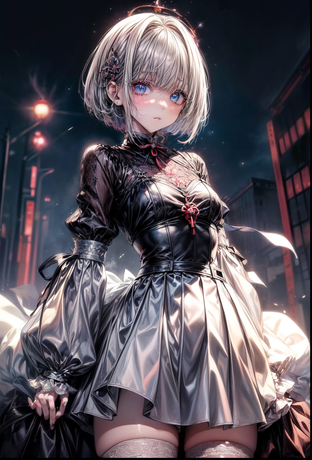 (masterpiece、highest quality, Tokyo ghoul,kanike Ken、Highest Resolution、street,Clear_image、Detailed details、): (Whole body、One 20 year old girl、Japanese Faces、Small Face、Slender、 white super tall bob cut hair、Sparkling blue eyes、Shiny apocalypse costume suit in pink and white colors、Tight fitting clothes