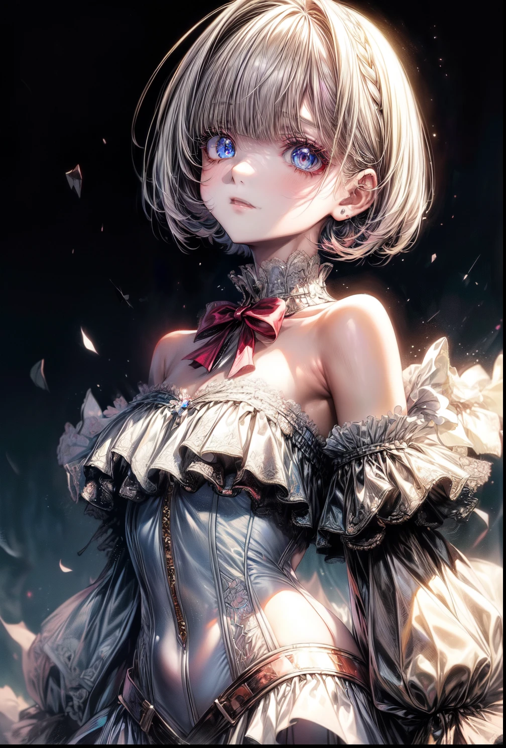 (masterpiece、highest quality, Tokyo ghoul,kanike Ken、Highest Resolution、street,Clear_image、Detailed details、): (Whole body、One 20 year old girl、Japanese Faces、Small Face、Slender、 white super tall bob cut hair、Sparkling blue eyes、Shiny apocalypse costume suit in pink and white colors、Tight fitting clothes