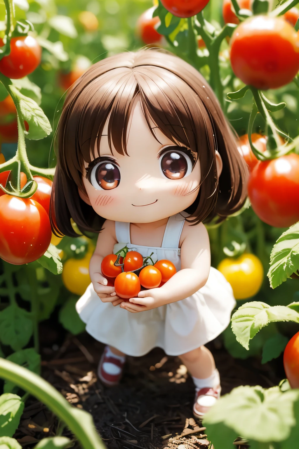 Photorealistic、Chibi Girl（Harvesting cherry tomatoes、smile）