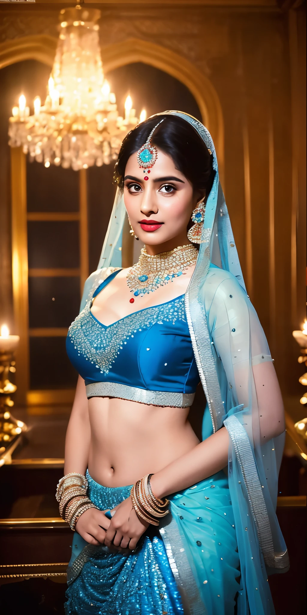 a close up of a woman in a blue dress standing in front of a chandelier, intricate sparkling atmosphere, movie screen shot, beautiful lighting effects, still shot from movie, stunning cinematography, shot from movie, beaded curtains, movie filmstill, still from a terence malik film, cinematic shot!, beautiful cinematography, visually stunning scene, glowing drapes, movie screenshot, lehenga with choli,blue transparent dupatta on head, large breasts, Big , sexy figure, sexy stomach showing, in Firstnight of marriage bedroom 