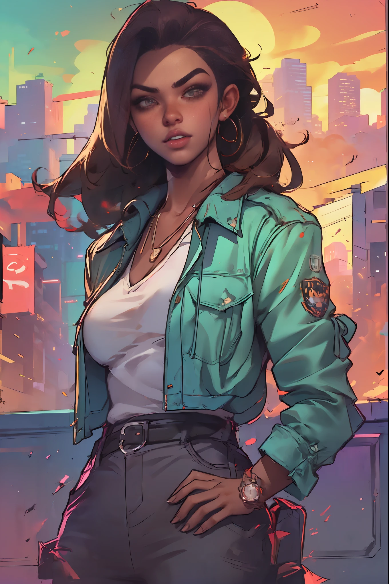 a beautiful young woman in a grand city, detailed face, detailed clothing, detailed architecture, detailed cityscape, (best quality,4k,8k,highres,masterpiece:1.2),ultra-detailed,(realistic,photorealistic,photo-realistic:1.37),cinematic lighting,dramatic colors,vibrant,stunning,gta inspired,los angeles city backdrop,hyper detailed,8k resolution