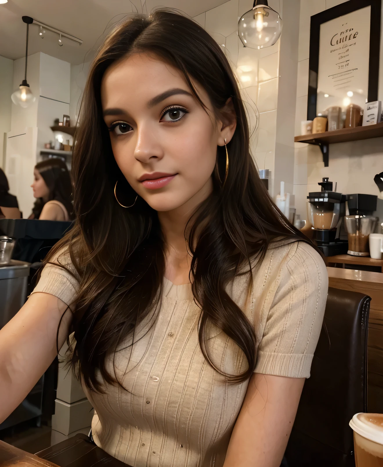 Photo of a 30 year old cute brunette., she has a very natural face, thin lips, Thin eyes, Thin eyebrows, thin nose, earrings, long eyelashes. She takes a cute selfie in a coffee shop, Bright, diffused light, smooth perfect skin reflects light, High detail