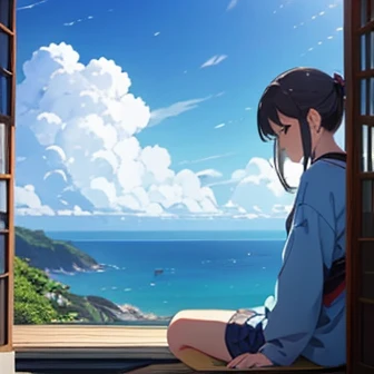 A beautiful girl taking a nap on a hill overlooking the sea、The season is early summer、Cool、Casual clothing、Lots of background、Japanese anime style