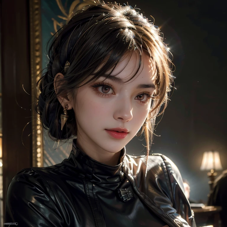 a beautiful russian woman in her 20s, light brown hair, fine white skin, attractive face, tight waist, cleavage, smiling kindly, active posing, detailed eyes, beautiful detailed nose, beautiful detailed lips, long eyelashes, perfectly balanced body, (best quality,8k,highres,masterpiece:1.2),ultra-detailed,(realistic,photorealistic,photo-realistic:1.37),HDR,UHD,studio lighting,ultra-fine painting,sharp focus,physically-based rendering,extreme detail description,professional,vivid colors,bokeh,portrait,seductive gaze, wearing a loose jacket,black clothes,(((battle,Gunfight,combat readiness)))
