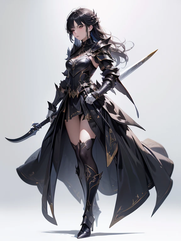 ((masterpiece)),(((best quality))),(character design sheet, same character, front, side, back), illustration, (1girl). Black+Gold clothes, opulent and dark, ((showcase weapon:1.4)), cursed blade, (masterpiece:1.2), (best quality), 4k, ultra-detailed, (Step by step design, layout art:1.5), (gloomy lighting, cursed atmosphere), dark knight, ((cursed gloves)), (((revealing armor:1.3))), dark vambraces, cursed boots, (((full_body_shot:1.4))), (simple background, white background: 1.3), --6