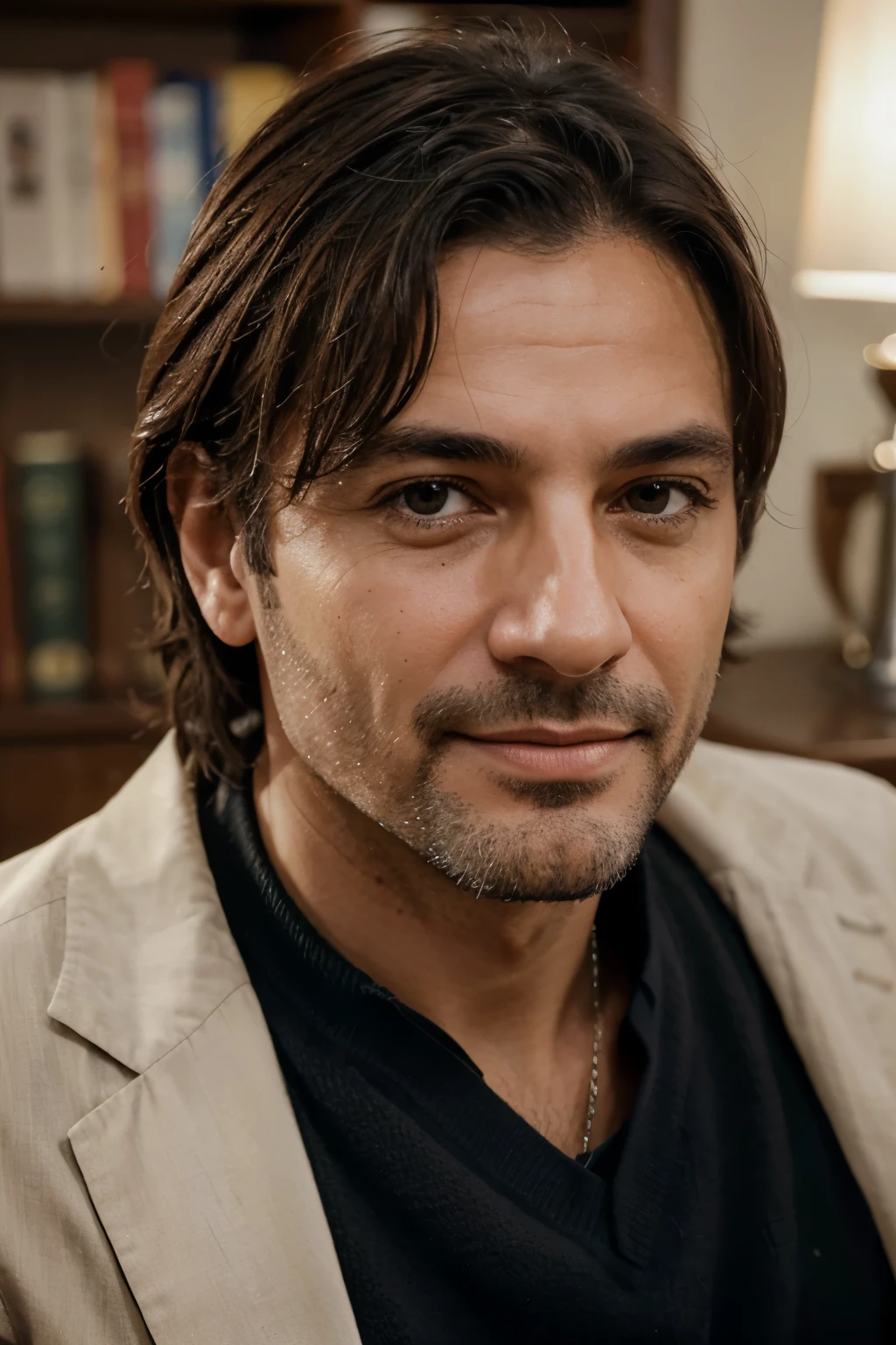 Create a realistic image of a man in his 40s whose face reflects the best qualities of a skilled politician, a wise sociologist and a man of high morality and spirituality. L'uomo deve avere una presenza piacevole, con lineamenti gentili e una compostezza serena, senza essere eccessivamente attraente. I suoi occhi devono esprimere saggezza e empatia, il suo sorriso deve essere caloroso ma modesto, and his posture must convey integrity and confidence.