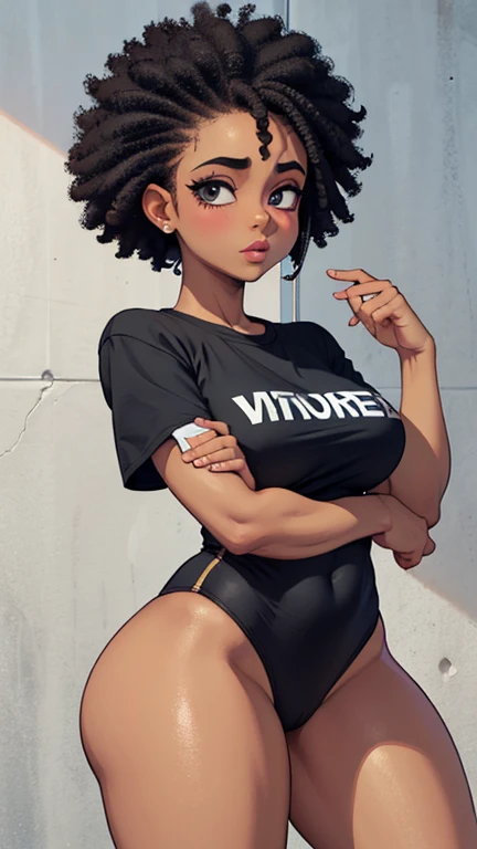 1 garota)) olhos castanho com brilho dentro, palpebras dupla rosto detalhado boca pequena, pele afro-americana cabelos cacheado preto , usando mini blusa rosa ,de manga longa, .mini shortinho leque branco peito grande corpo natural bunda grande detalhada pose agachanda thug life, fundo parede pichada com notas de dolares