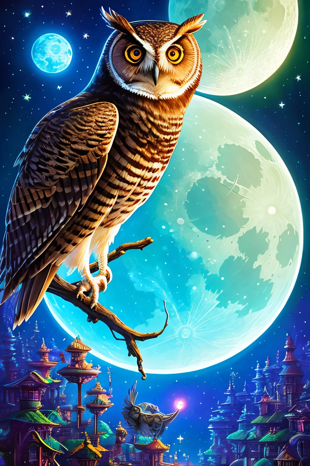 an owl flying over a moon with swirling clouds and bubbles, hyper - detailed visionary art, highly detailed visionary art, beeple and jeremiah ketner, intricate fantasy painting, hyper detailed visionary art, dan mumford and alex grey style, by Tomek Setowski, radiant owl, visionary art style, detailed fantasy digital art, highly detailed digital art