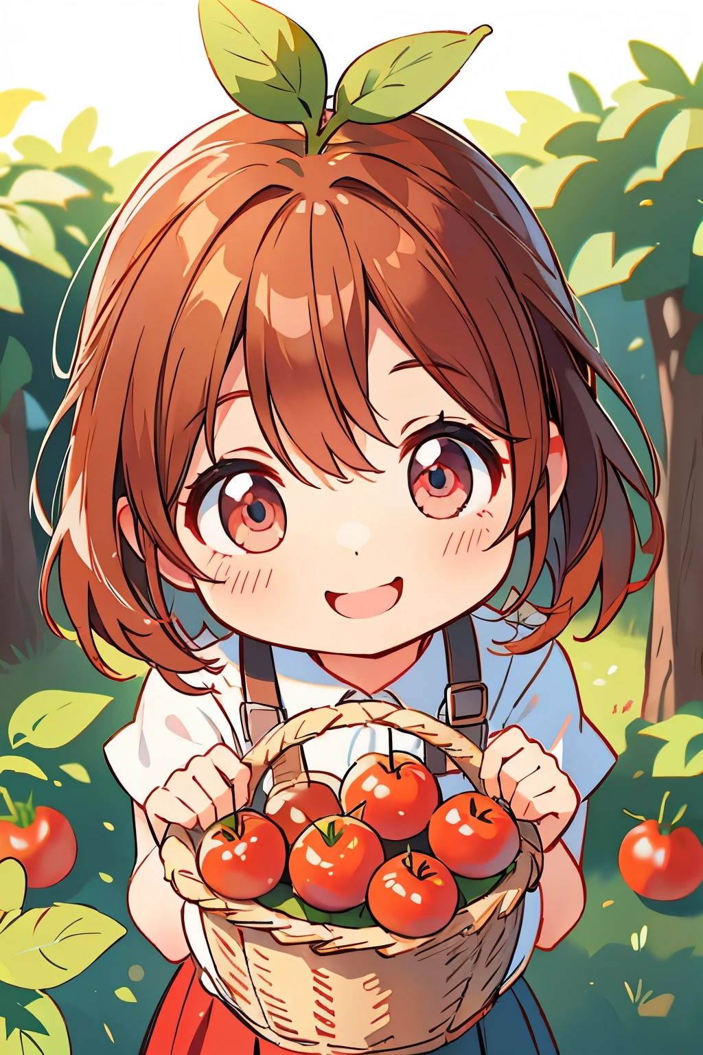 Photorealistic、Chibi Girl(Harvesting cherry tomatoes、A lot of cherry tomatoes in a basket、smile)