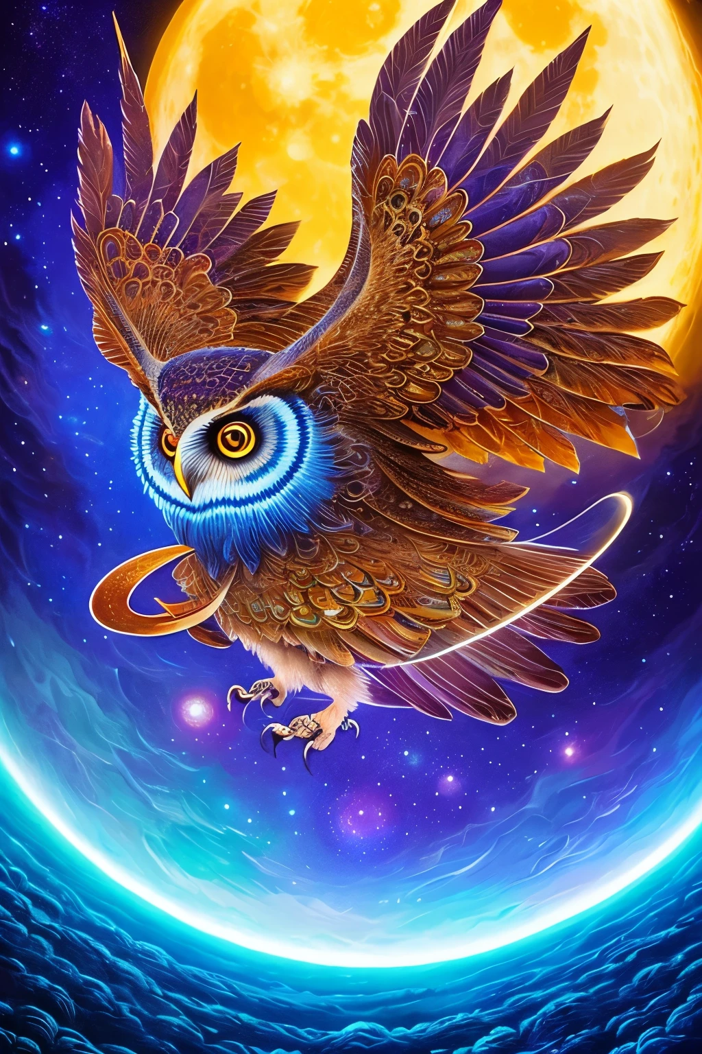 an owl flying over a moon with swirling clouds and bubbles, hyper - detailed visionary art, highly detailed visionary art, beeple and jeremiah ketner, intricate fantasy painting, hyper detailed visionary art, dan mumford and alex grey style, by Tomek Setowski, radiant owl, visionary art style, detailed fantasy digital art, highly detailed digital art