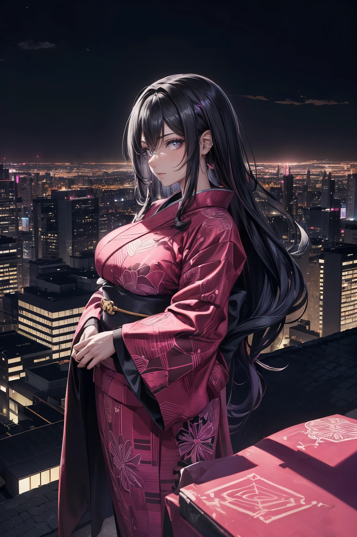 anime, (obra de arte, melhor qualidade, ultra-detalhado, alto contraste), 1 mulher (Sozinho, corpo todo, corpo plus size, standing on the edge of the skyscraper, cabelo prateado, CABELO LONGO E FLUXO, olhos vermelhos brilhantes de rubi, (Kimono preto, black cybernetics with neon pink), meias pretas transparentes), (skyscraper roof, com vista para uma cidade, fundo detalhado ((Night time, darkness, low light pollution)))