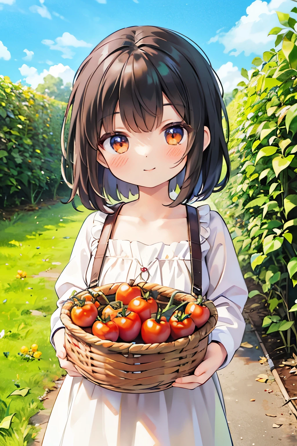 Photorealistic、Chibi Girl(Harvesting cherry tomatoes、A lot of cherry tomatoes in a basket、smile)