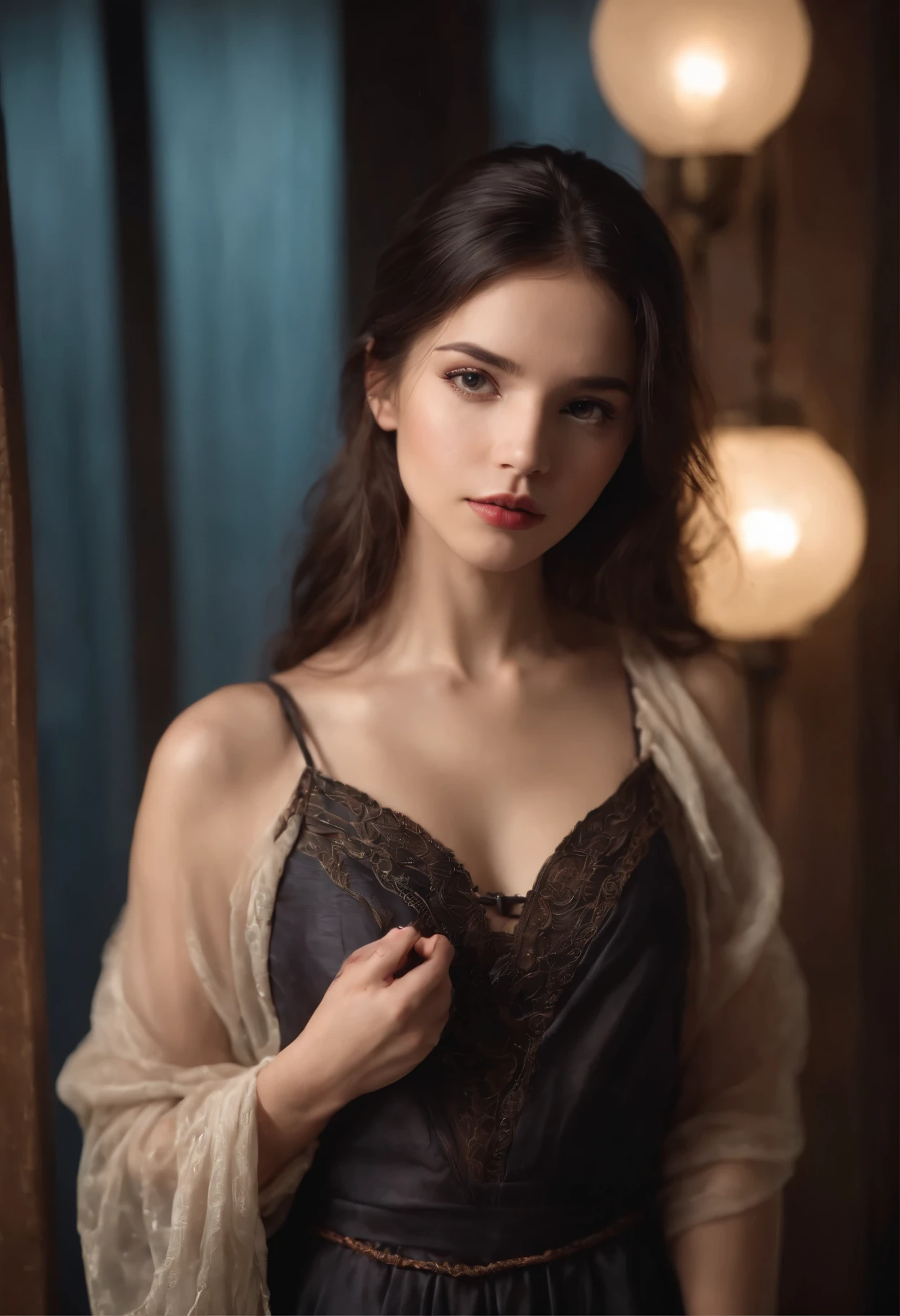 A girl is tied up with ropes by another girl,(Bright Lights,Romantic environment),Fantasy Background,,black hair, charming gaze, , soft skin, Charming beauty, art portrait, high quality images, Vibrant colors, Long silk dress, locker room, (cocoon:1.4)