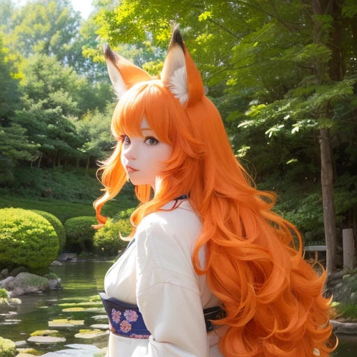 (best quality,4k,8k,highres,masterpiece:1.2),ultra-detailed,(realistic,photorealistic,photo-realistic:1.37),cute,solo girl with orange long wavy hair,blue eyes,fox ears,fluffy fox tail,wearing traditional Japanese clothing, summer time in Japan,beautiful garden scenery,lush greenery,colorful