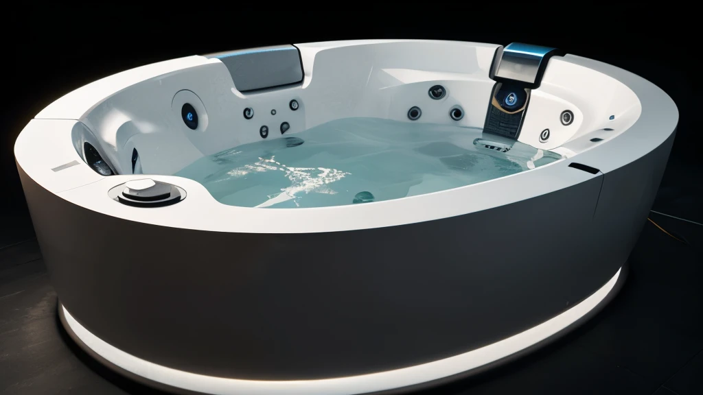1 BMW car shaped jacuzzi, high-tech futuristic design, sleek modern architecture, intricate detailed mechanical components, glowing headlights, translucent water, steam rising, minimalist aesthetic, cinematic lighting, breathtaking realism, award-winning 3D rendering, photorealistic, octane render, 8k, best quality