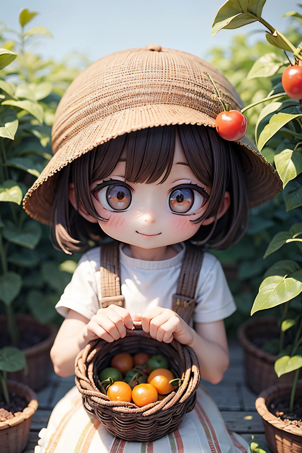 Photorealistic、Chibi Girl（Harvesting cherry tomatoes、A lot of cherry tomatoes in a basket、smile）