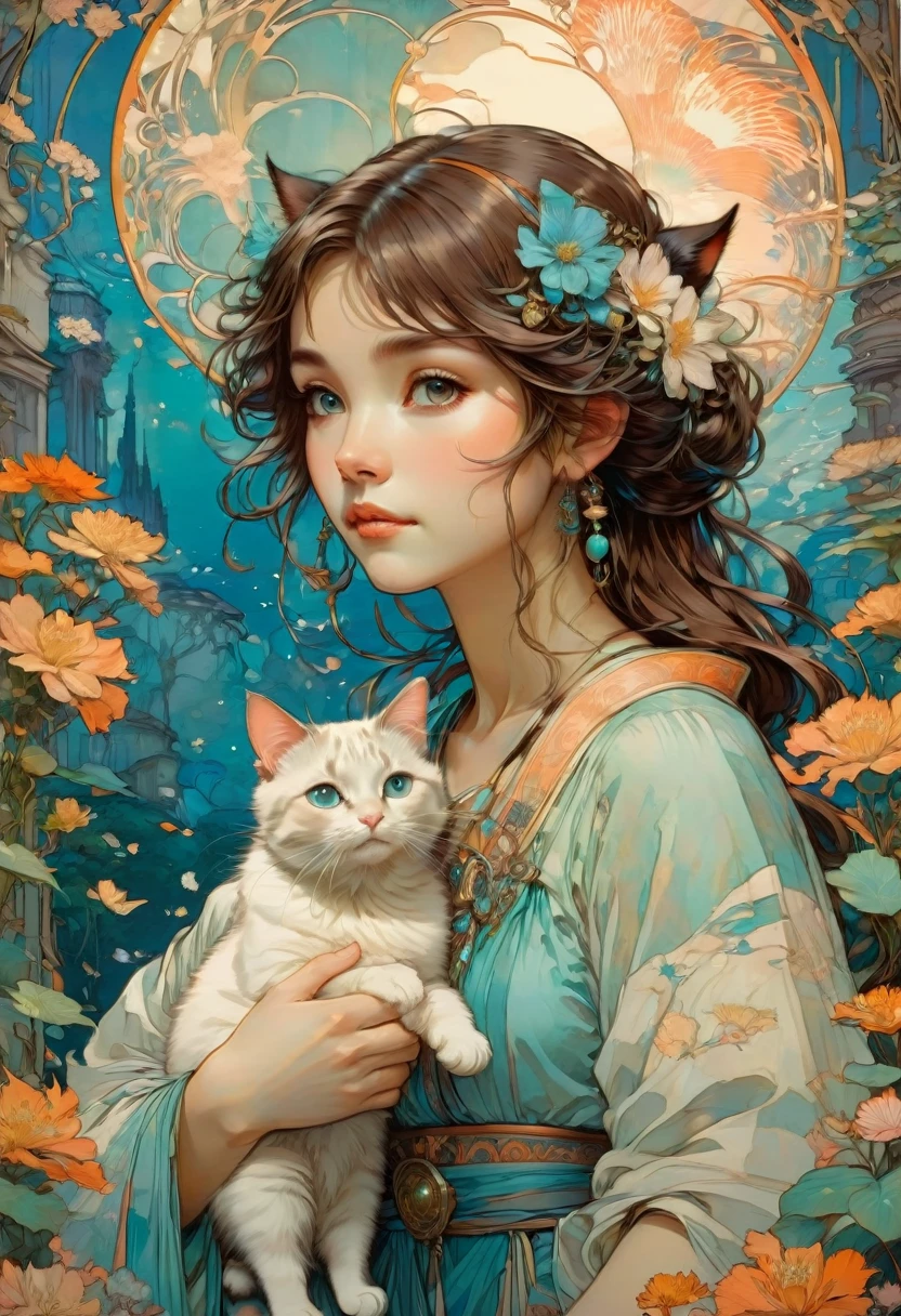 Girl with Cat, by Studio Ghibli and Alphonse Mucha, best quality, masterpiece, very aesthetic, perfect composition, intricate details, ultra-detailed