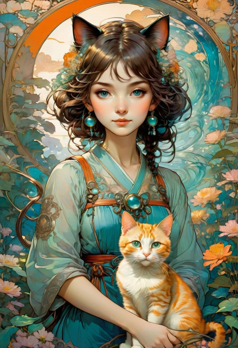 Girl with Cat, by Studio Ghibli and Alphonse Mucha, best quality, masterpiece, very aesthetic, perfect composition, intricate details, ultra-detailed