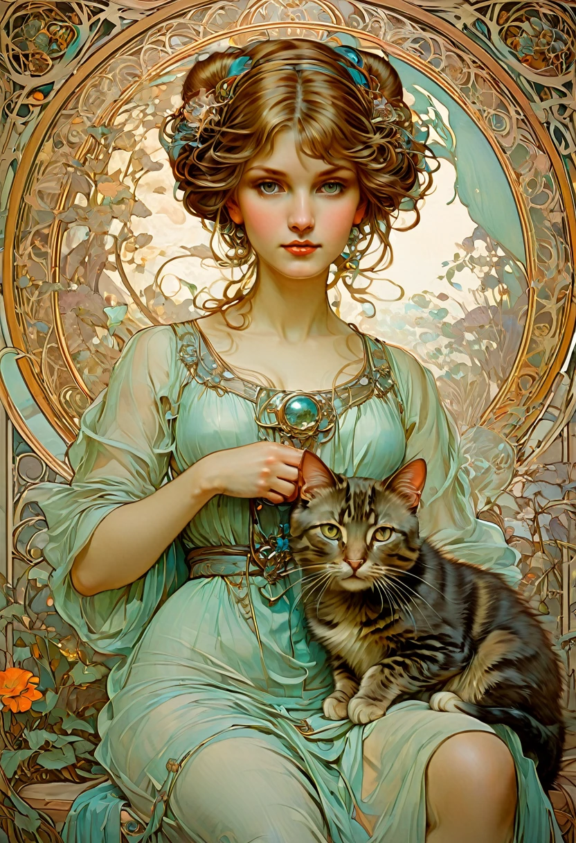 Girl with Cat, by Alphonse Mucha, best quality, masterpiece, very aesthetic, perfect composition, intricate details, ultra-detailed