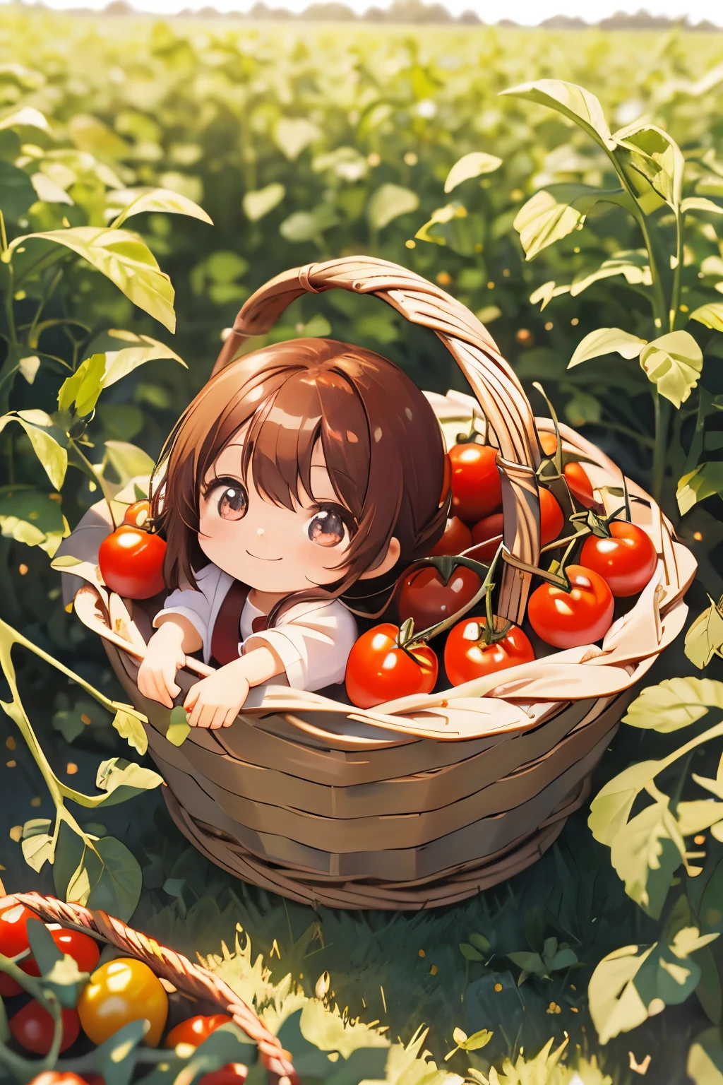Photorealistic、Chibi Girl（Harvesting cherry tomatoes、A lot of cherry tomatoes in a basket、smile）
