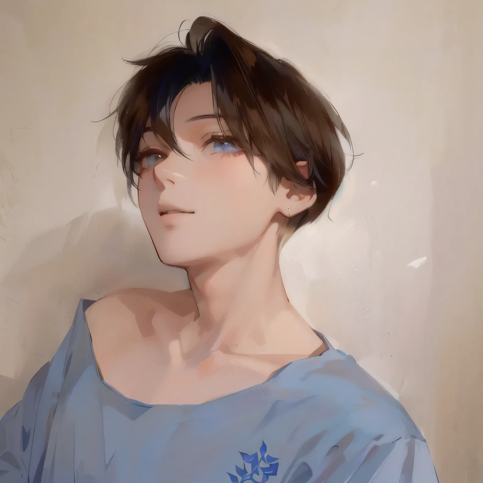 there is a man with a blue shirt and a tie on, short hair, Half body headshot, androgynous person, Delicate hermaphroditic prince, androgynous male, Kim Tae-jun, Hairspray for short hair, Androgynous face, Avatar profile picture, have the same hairstyle, Short hair on top of head, Korean male