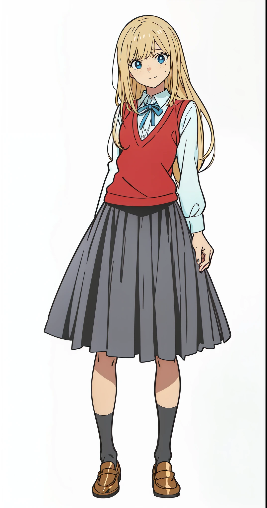 (best quality:1.0), (masterpiece:1.0), (super fine illustration:1.0), (beautiful artwork:1.0), (anime screencap:1.0), (official art:1.0), (european:1.0), (cheerful:1.0), (white background:1.0), (best quality:1.0), (masterpiece:1.0), (super fine illustration:1.0), (beautiful artwork:1.0), (anime screencap:1.0), (official art:1.0), (solo:1.0), (european:1.0), (a 18yo cute girl:1.0), (long skirt:1.0), (black skirt:1.0), (pleated skirt:1.0), (red knit vest:1.0), (white long sleeve collared shirt:1.0), (blue neck ribbon:1.0), (loafers:1.0), (black socks:1.0), (ideal ratio body proportions:1.0), (lanky:1.0), (tall:1.0), (slender:1.0), (small breasts:1.0), (smaller face:1.0), (tareme:1.0), (freckles:1.0), (detailed beautiful eyes:1.0), (detailed beautiful face:1.0), (glowing blue eyes:1.0), (long hair:1.0), (swept bangs:1.0), (blonde hair:1.0), (standing:1.0), (looking at viewer:1.0)