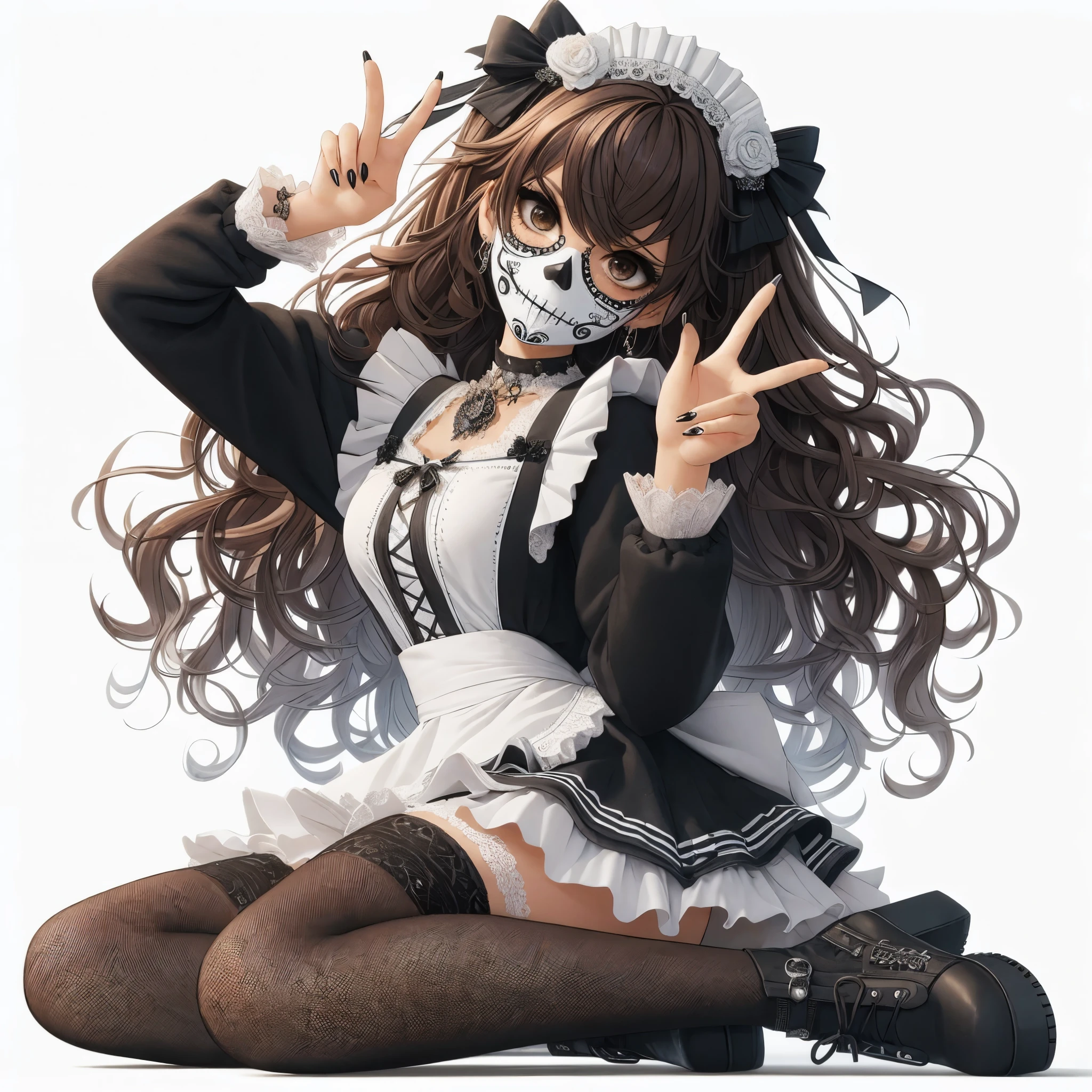((japanese 3d style manga anime artwork)) (((textile & face natural shading))), (((Best Quality))), (((masterpiece))), (((cartoon style with natural dramatic shade))) A japanese girl full body stylish cool gesture, she have painted skull face de los muertos, long l brown curly hair. wearing black & white maid clothes with mini skirt & black boots , She has long dark hair, she is smiling with edgy, sitting at the floor, white clean background, 8k