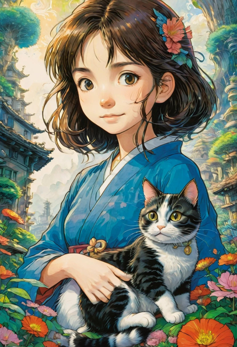 Girl with Cat, by Studio Ghibli, best quality, masterpiece, very aesthetic, perfect composition, intricate details, ultra-detailed