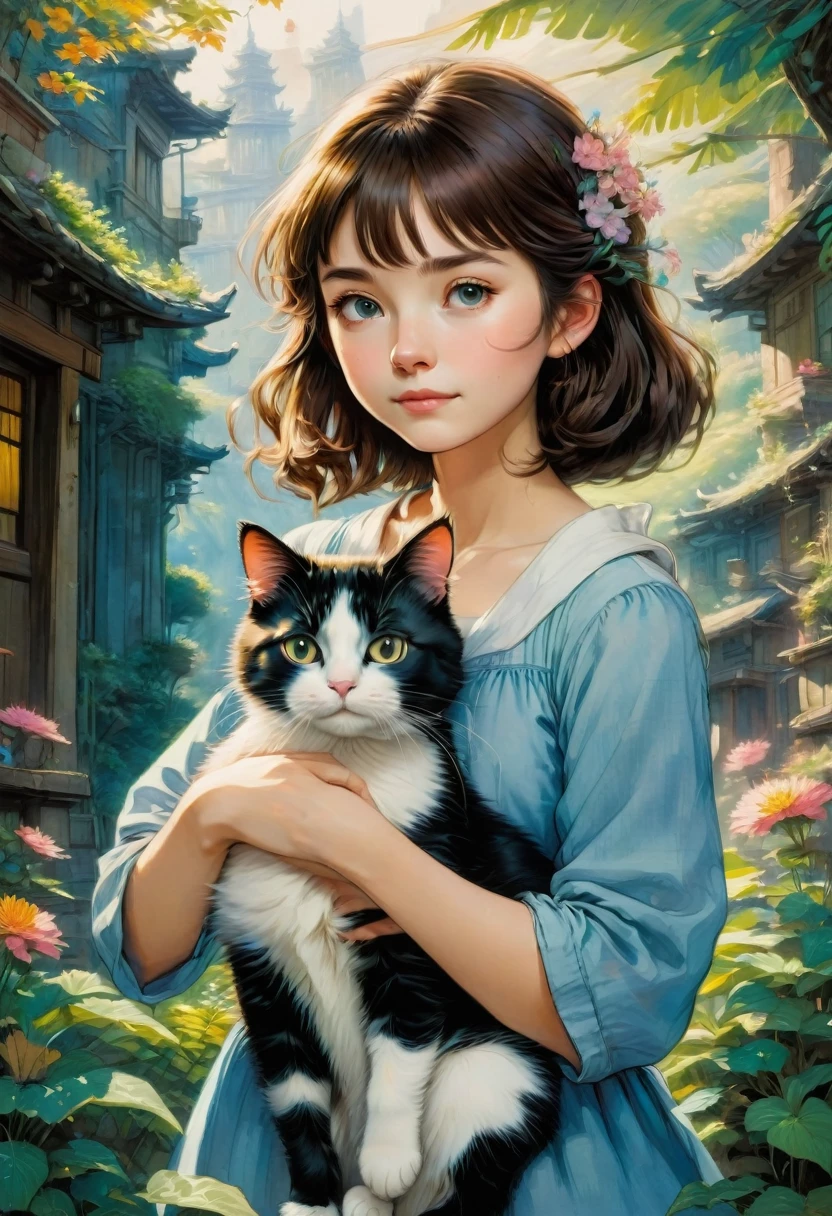 Girl with Cat, by Studio Ghibli, best quality, masterpiece, very aesthetic, perfect composition, intricate details, ultra-detailed