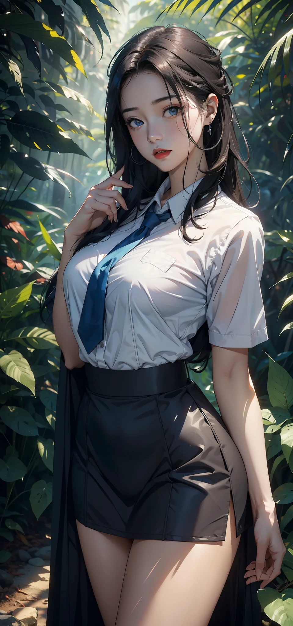 1 female，Large Breasts（background：In the woods，Rainforest，In the summer，oxygencean） She has short black hair，，Straight Hair，red lips，stand，Front view， oxygen， gloomy sky，（（（masterpiece），（Highly detailed CG in Nity 8k wallpaper），最oxygen质量，Light，详细background，beautiful eyes，（Very delicate and beautiful），（Beautiful and detailed description of the eyes），在ltra Detailed，masterpiece，）），face camera，high resolution，在ltra Detailed），House violence，Exposing genitals， Convex，Camel toe，性感Convex出，High School Students（wear：，Blue school uniform）