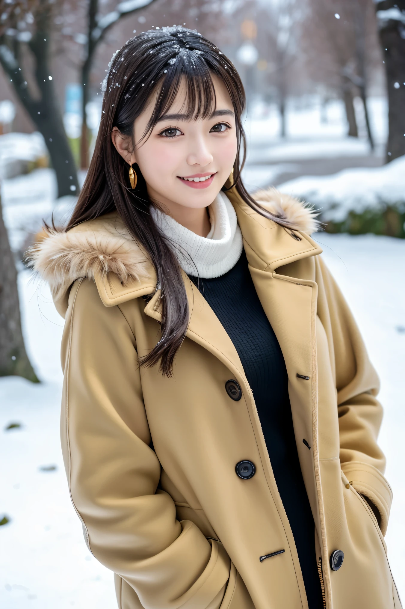 (highest quality、Tabletop、8k、Best image quality、Award-winning works)、Half Japanese、Half Spanish, Perfect Face, Looking at the camera with a big smile,The best smile,a large amount of fur,Fluffy fur,A happy smile,One Girl, just_wood, Brown_eye, Brown_fur, built, coat,In the snow,Snow Scene,Cleavage, cross_Earrings, Earrings, fured, Fur trim_coat,  fur_scarf, gem, Lips, Audience, Outdoor, Yuki, Yuki, solo, The wood, Upper Body_body, Winters, Winters_Clothes, detailed_eye,Big ample breasts、Point your chest at the camera、huge 、Listen carefully、Golden ratio face、黄金比のbody、highest quality、Ultra-high resolution、Bans、Thick bangs、Perfect Anatomy、High-resolution RAW color photos, Professional photography, Very delicate and beautiful, 非常にdetailed,細かくdetailedに, Large file size,Best image quality,8k,Photos taken with a single-lens reflex camera