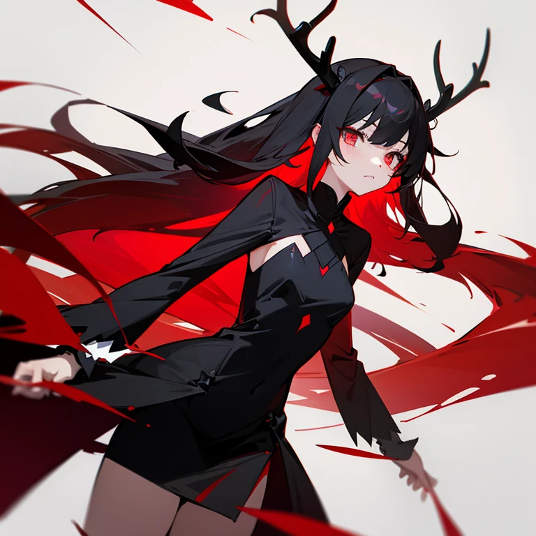 1 girl, black antlers, crimson eyes, black and red outfit, split thigh dress, 