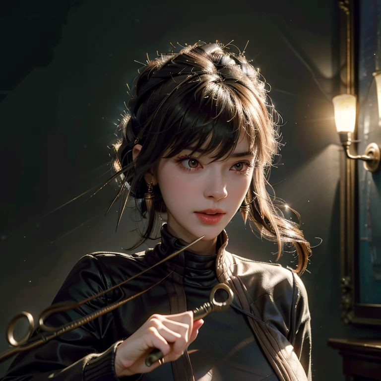 a beautiful russian woman in her 20s, light brown hair, fine white skin, attractive face, tight waist, cleavage, smiling kindly, active posing, detailed eyes, beautiful detailed nose, beautiful detailed lips, long eyelashes, perfectly balanced body, (best quality,8k,highres,masterpiece:1.2),ultra-detailed,(realistic,photorealistic,photo-realistic:1.37),HDR,UHD,studio lighting,ultra-fine painting,sharp focus,physically-based rendering,extreme detail description,professional,vivid colors,bokeh,portrait,seductive gaze, wearing a loose jacket,black clothes,(((battle,Gunfight,combat readiness))),defeat the enemy