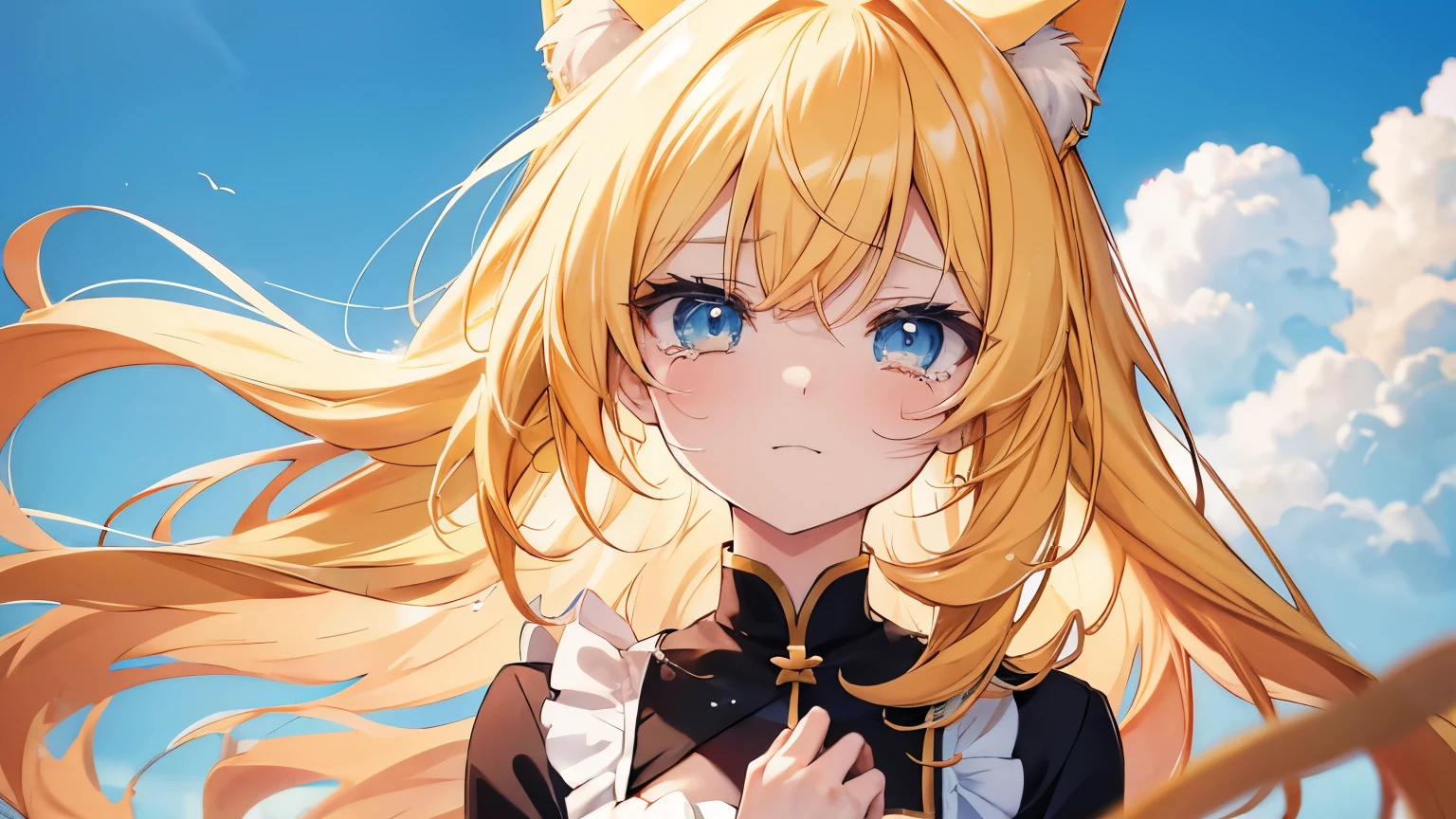 Anime cat girl with long yellow hair and blue eyes is crying.