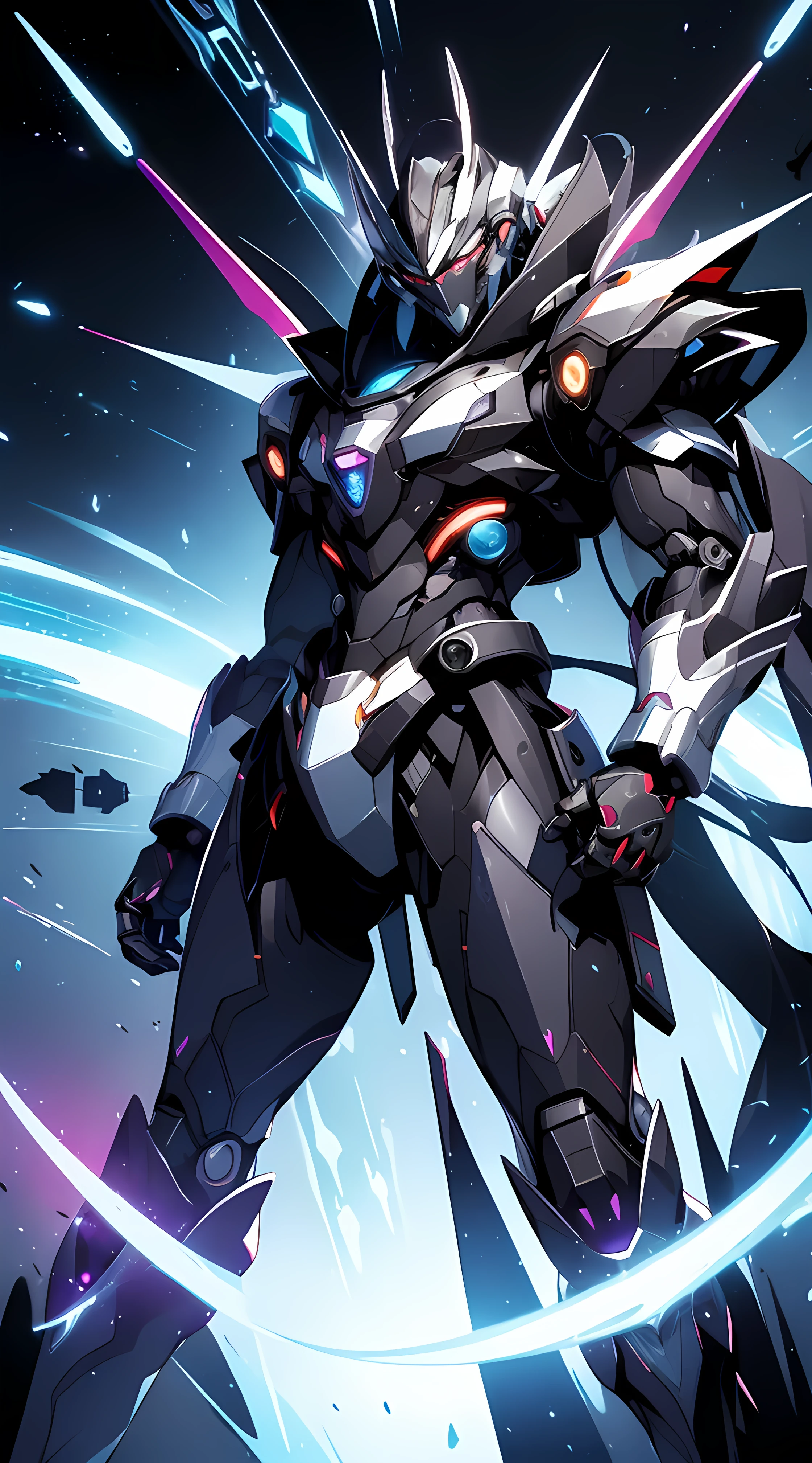 technomagic, AI robot, god, biotic enhanments, nano swarms buzzing around its metallic body, blending int with a black whole (interstellar)(Space, futuristic Imagery, magical runes, chrome and crystals) a fusion between an Pokemon, and Monster Hunter models; High luminosity in a anime cartoonish style. Illustrated by Ken Sugimor